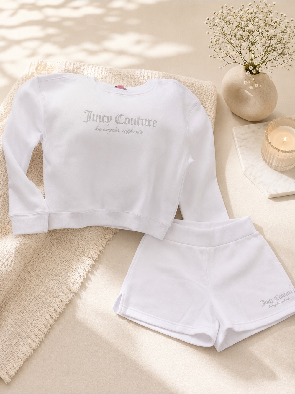 Juicy Couture White Logo Crop Sweatshirt & Shorts Pajama Set